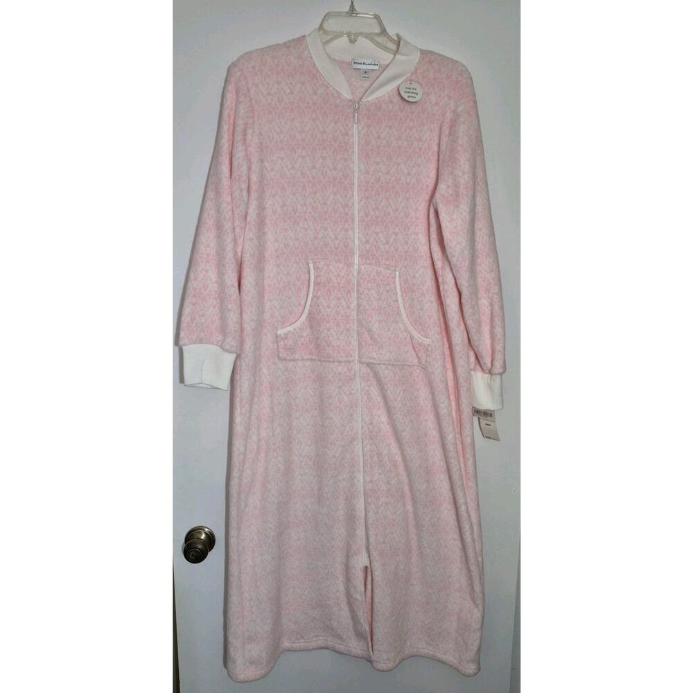 💥 Miss Elaine Pink Nwt White Plush M Fleece Zip Robe Housecoat Long Sleeve D1